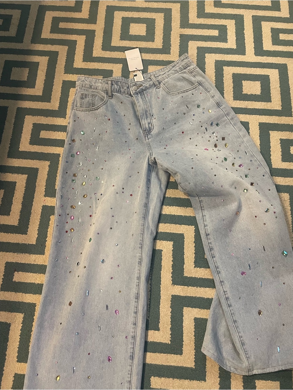 Trendy boutique Light Blue Wide-Leg Jeans with Multicolor Rhinestones - Picture 1 of 4